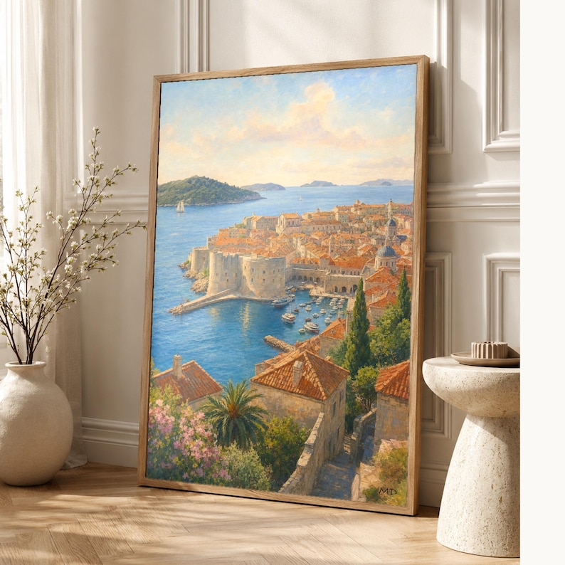Dubrovnik Travel Poster | Soft Painting Croatia Wall Art | Adriatic Old Town Coastal Print | Printed & Shipped image 1