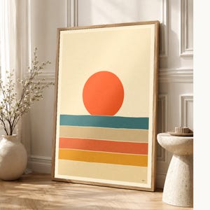 Vermillion Sun Aegean Sea Wall Art Print | Mid-Century Sun Poster | Cut-Paper Minimalist Print | Teal Cream Boho Decor image 1