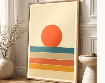 Vermillion Sun Aegean Sea Wall Art Print | Mid-Century Sun Poster | Cut-Paper Minimalist Print | Teal Cream Boho Decor