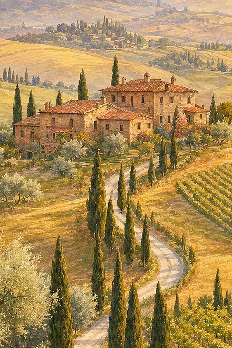 Toscane reisposter | Zachte schildering Italië muurdecoratie | Print van het Toscaanse platteland | Gedrukt en verzonden afbeelding 3