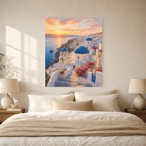 Póster de viaje de Santorini | Pintura suave para pared sobre Grecia | Lámina costera de las cúpulas azules de Oia | Impreso y enviado imagen 6