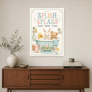 Impresión de arte de pared de baño para niños | Póster al ras del cepillo de lavado Splish Splash | Linda decoración del baño del cuarto de imagen 2