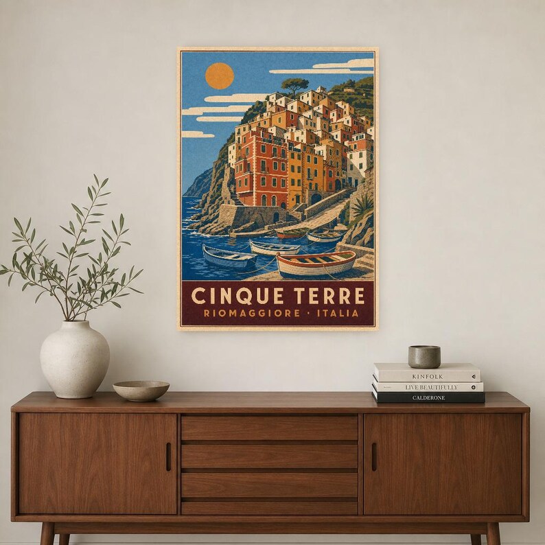 Cinque Terre Travel Poster | Riomaggiore Vintage Wall Art Print | Italian Coast Print | Italian Riviera Decor | Colorful Village Art image 2