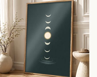 Emerald Moon Phase Wall Art | Zen Water Ripple Poster | Dark Japandi Moody Minimalist Print