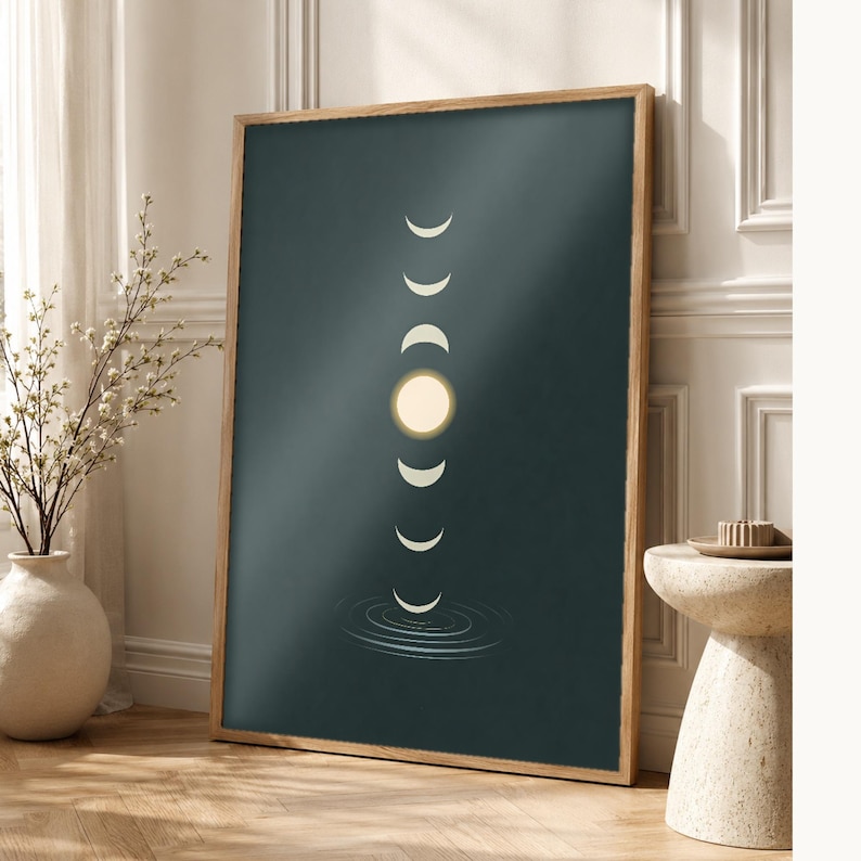 Emerald Moon Phase Wall Art | Zen Water Ripple Poster | Dark Japandi Moody Minimalist Print image 1