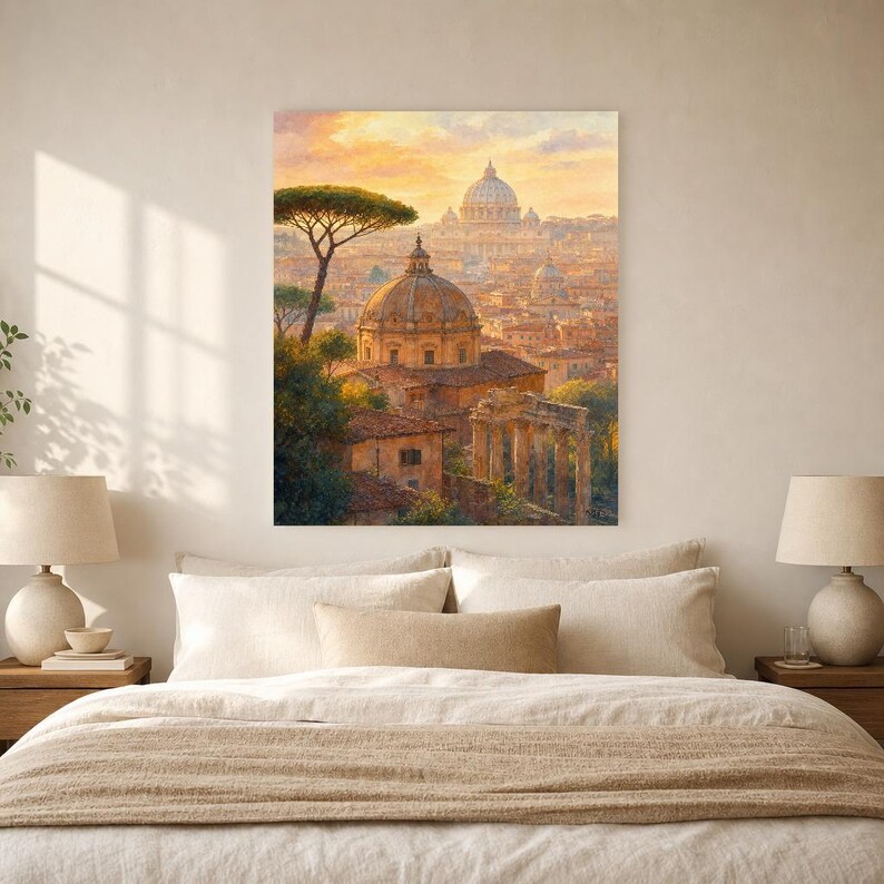 Rome Travel Poster | Soft Painting Italy Wall Art | Roman Rooftops Golden Hour Print | Printed & Shipped image 6
