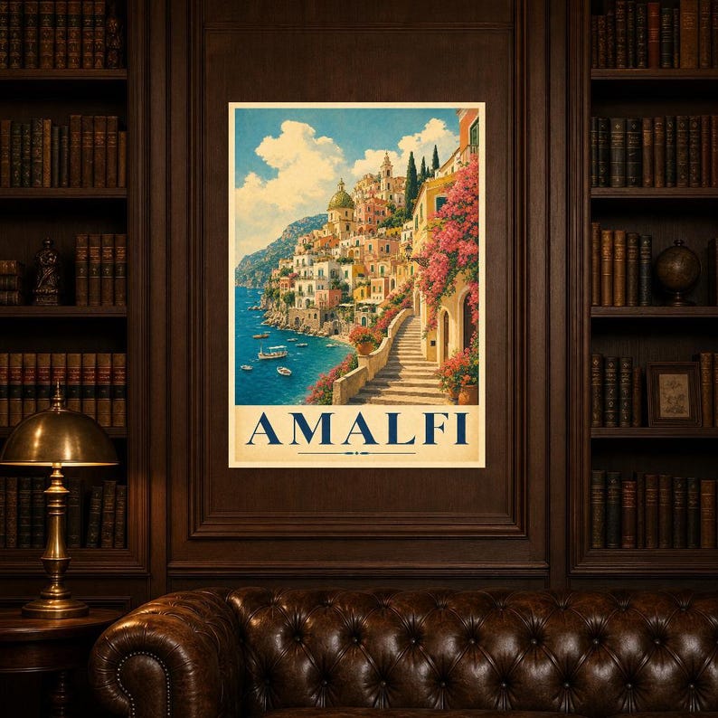 Amalfi Coast Wall Art Print | Italian Village Travel Poster | Positano Pastel Houses Print | Vintage Dolce Vita Decor | Mediterranean Art image 5