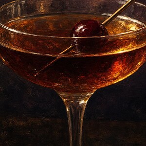 Manhattan-Cocktail-Druck | Moody Barwagen Wandkunst | Whiskey-Coupé und Kirschstillleben Bild 3