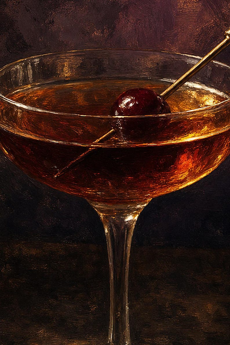 Manhattan-Cocktail-Druck | Moody Barwagen Wandkunst | Whiskey-Coupé und Kirschstillleben Bild 3