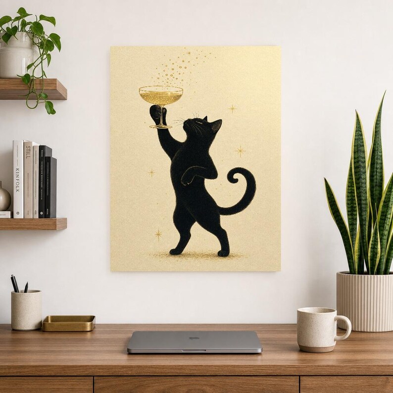 Arte de pared de champán de gato negro | Póster Coupé dorado | Impresión del carrito de la barra | Decoración de celebración del Chic Noir C imagen 8