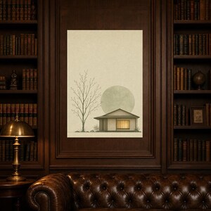 Sage Green Japandi Wall Art Print | Serenity House and Moon | Wabi Sabi Minimal Bedroom Poster image 5