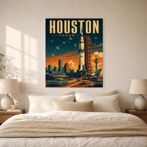 Houston Travel Poster | Vintage Space City Rocket Print | Texas Wall Art Print | Mid Century City Decor image 5