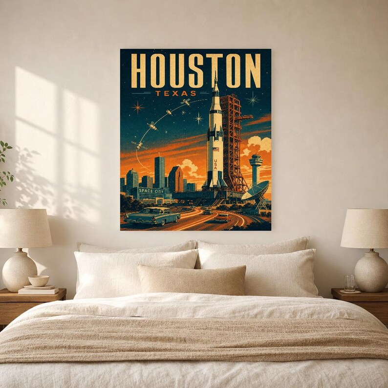Houston Travel Poster | Vintage Space City Rocket Print | Texas Wall Art Print | Mid Century City Decor image 5