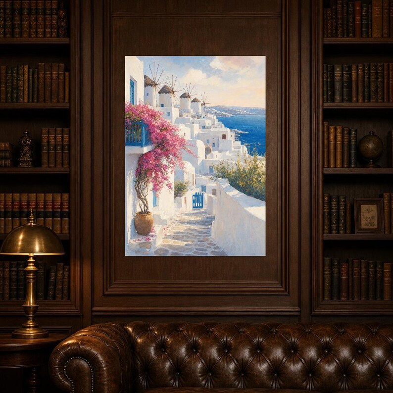 Mykonos Travel Poster | Soft Painting Greece Wall Art | Greek Island Windmills Coastal Print | Printed & Shipped image 5