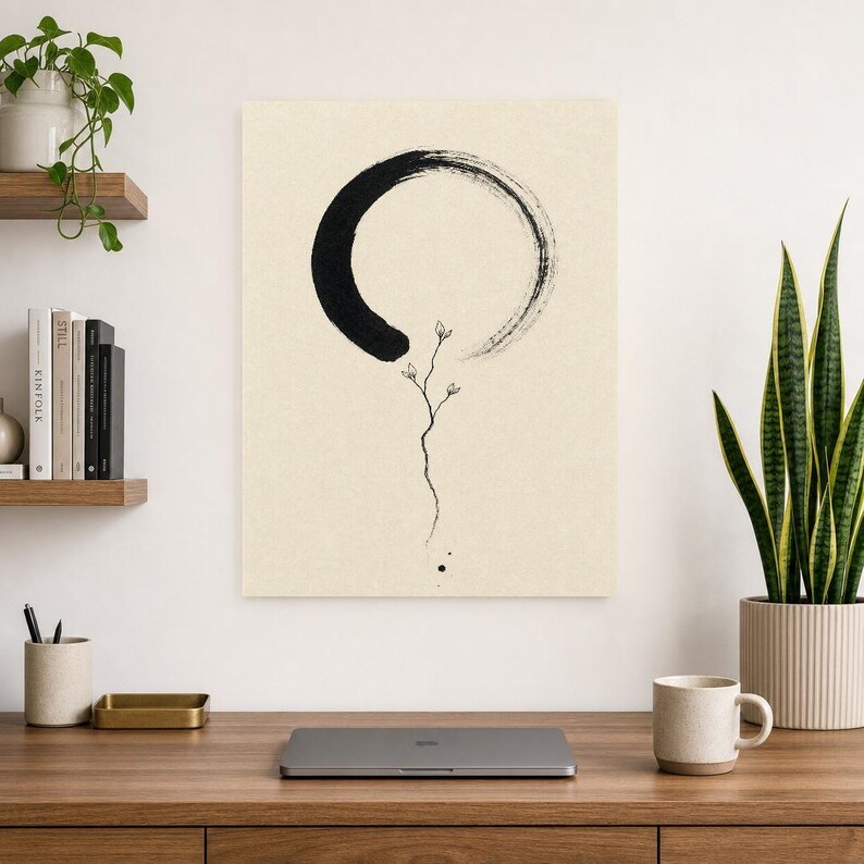 Zen Enso and Branch Japandi Wall Art Print | Mono Line Ink Print | Wabi Sabi Cream Poster Decor image 8
