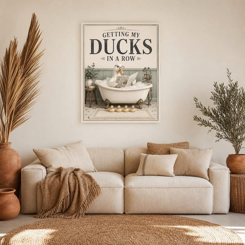 Funny Duck Bathroom Wall Art Print | Getting My Ducks In A Row Poster | Vintage Bathroom Wall Decor image 7