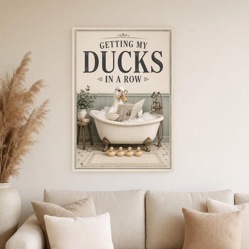 Funny Duck Bathroom Wall Art Print | Getting My Ducks In A Row Poster | Vintage Bathroom Wall Decor image 4