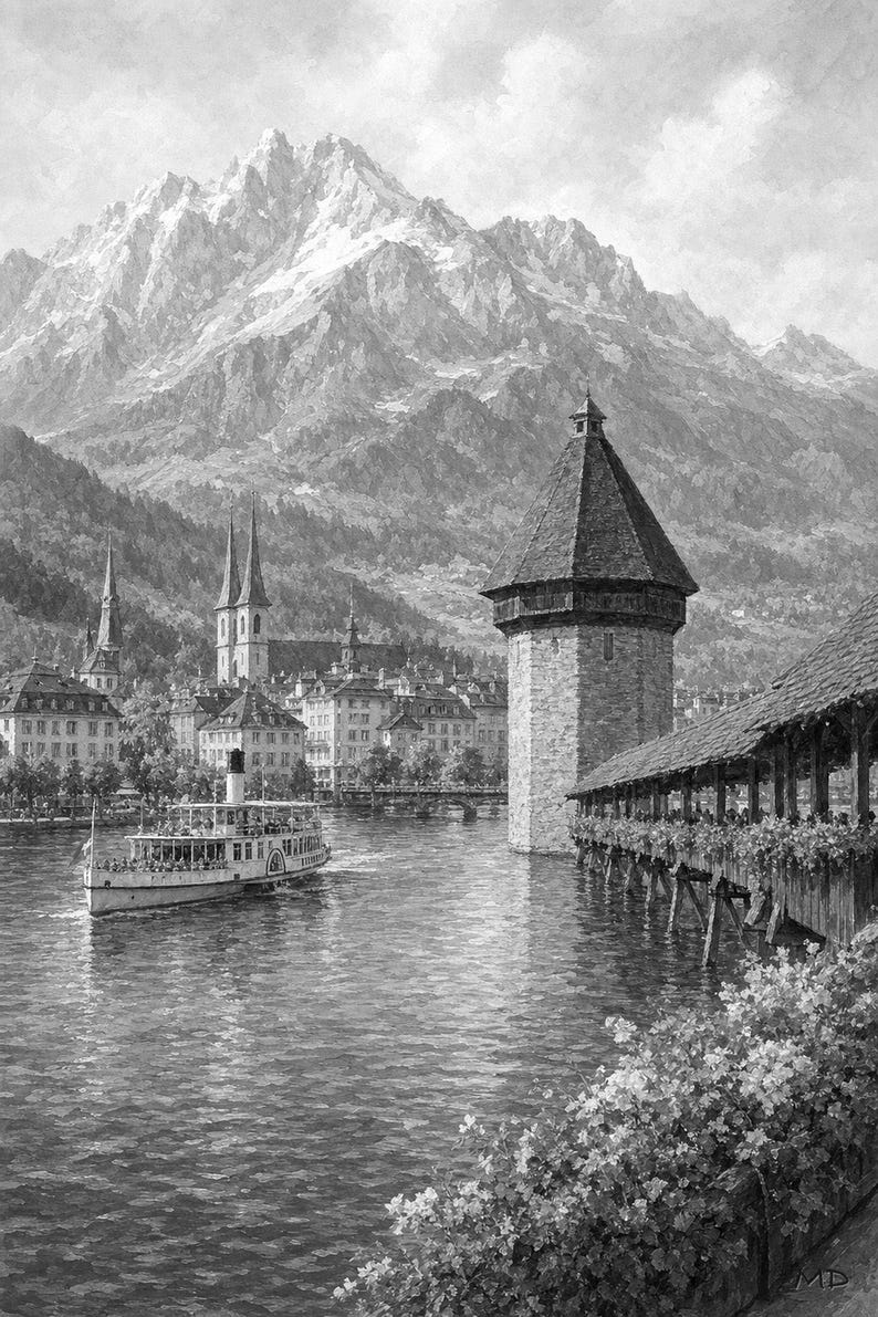 Reiseposter Vierwaldstättersee | Wandbild Schweiz (weiche Malerei) | Kunstdruck eines Sees in den Schweizer Alpen | Gedruckt & Versand Bild 10