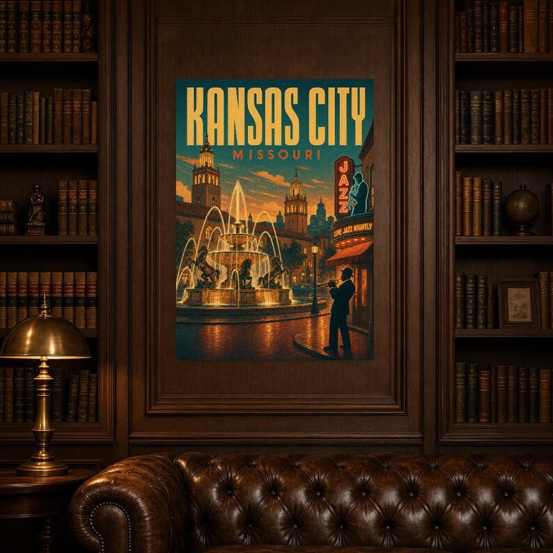 Póster turístico de Kansas City | Lámina vintage de las fuentes de jazz de los años 50 | Lámina decorativa de Missouri | Decoración urbana de mediados de siglo imagen 4