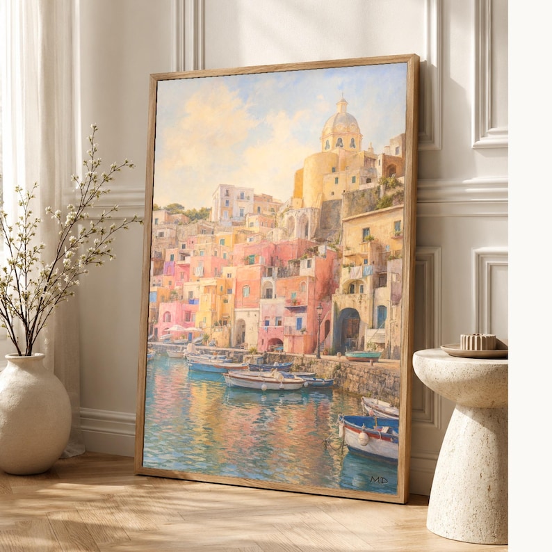 Procida Travel Poster | Soft Painting Italy Wall Art | Colorful Marina Coastal Print | Printed & Shipped image 1