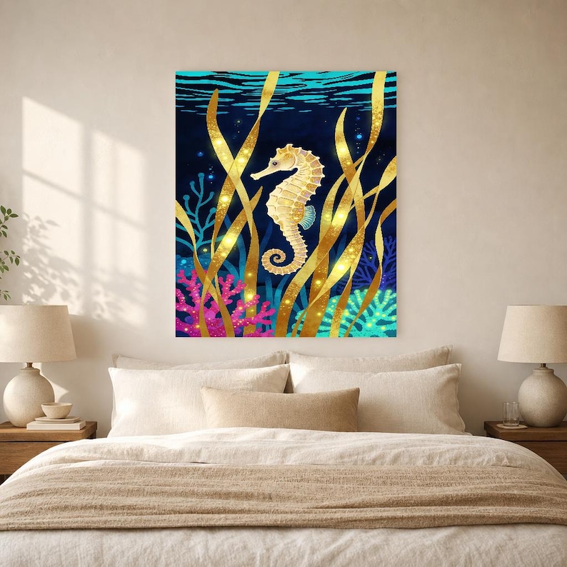 Biolumineszierendes Seepferdchen-Poster | Tiefsee-Ozean-Badezimmer-Wandkunstdruck | Dunkler Küstennachtdruck Bild 6