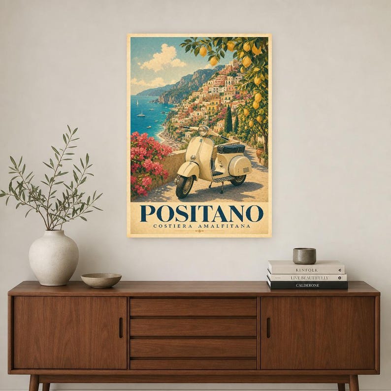 Positano Vespa Wandkunst | Italienisches Riviera-Reiseplakat | Amalfiküste Druck | Vintage Dolce Vita Roller Kunst | Mediterranes Dekor Bild 2