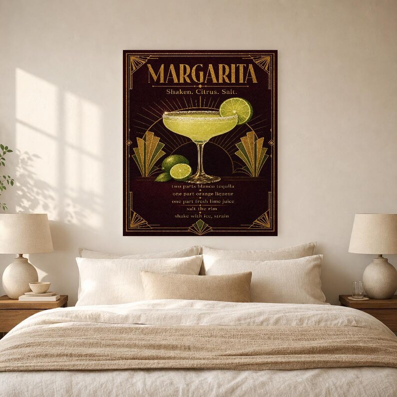 Arte de pared con receta de Margarita Art Déco dorado | Póster de receta de cóctel de lima | Impresión de decoración de carrito de bar | Art imagen 6