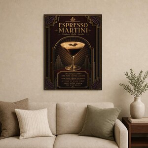 Dark Art Deco Espresso Martini Recipe Wall Art Print | Gold Cocktail Recipe Poster | Bar Cart Decor Print | Kitchen Wall Art image 9