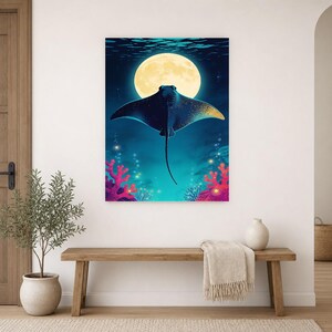 Bioluminescent Manta Ray Poster | Deep Sea Ocean Bathroom Wall Art Print | Dark Coastal Night Print image 14