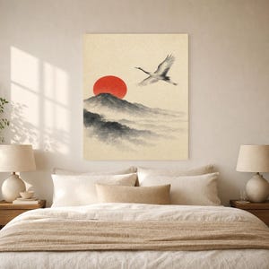 Red Sun Mountain Japandi Wall Art Print | Sumi-e Crane Print | Wabi Sabi Zen Office Poster image 6