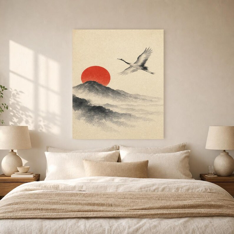 Red Sun Mountain Japandi Wall Art Print | Sumi-e Crane Print | Wabi Sabi Zen Office Poster image 6