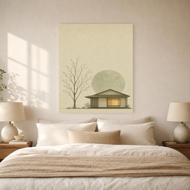 Sage Green Japandi Wall Art Print | Serenity House and Moon | Wabi Sabi Minimal Bedroom Poster image 6