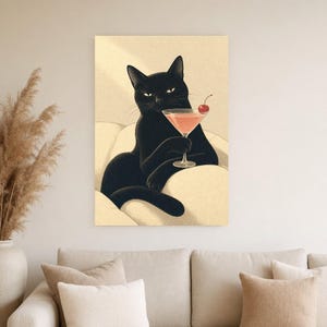 黒猫のカクテルウォールアート |チェリーコスモポスター |バーカートプリント |風変わりなノワールキャットクラブラウンジの装飾 画像 4
