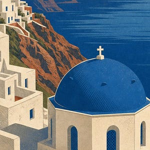 Cartel de viaje de Santorini | Arte de pared vintage de Grecia | Impresión de la Caldera del Egeo | Decoración costera azul blanca | Arte de imagen 3