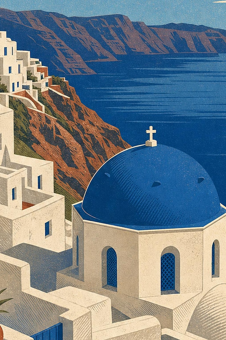 Cartel de viaje de Santorini | Arte de pared vintage de Grecia | Impresión de la Caldera del Egeo | Decoración costera azul blanca | Arte de imagen 3