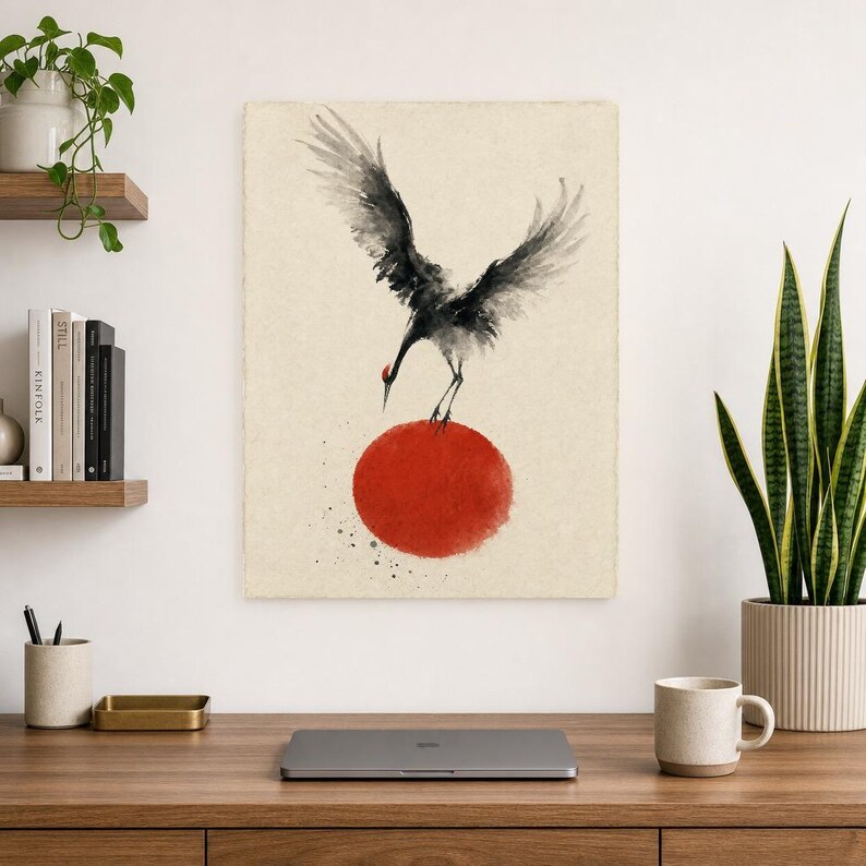 Impresión de grúa de sol rojo Arte de pared japonés | Pájaro de tinta descendente | Decoración del cartel Zen Wabi Sabi imagen 8