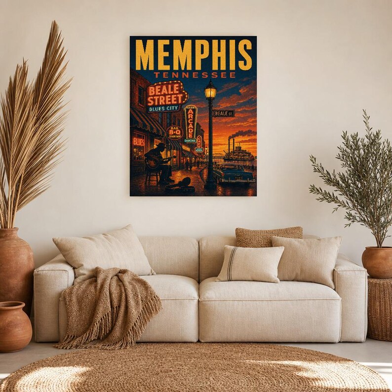 Memphis Travel Poster | Vintage 1950s Beale Street Blues Print | Tennessee Wall Art Print | Mid Century City Decor image 6