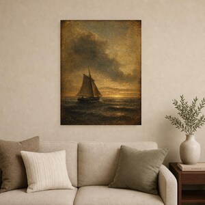 Moody Vintage Sailboat Seascape Wall Art Print | Antique Oil Painting Print | Dark Academia Coastal Decor | Tonalist Marine Poster image 9