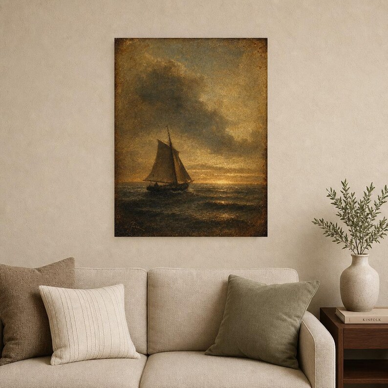 Moody Vintage Sailboat Seascape Wall Art Print | Antique Oil Painting Print | Dark Academia Coastal Decor | Tonalist Marine Poster image 9