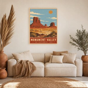 Monument Valley Reiseposter | Vintage Wüstenwandkunst | Südwesten der USA Druck | Dekor im Nationalpark-Stil | Rote Felskunst Bild 7