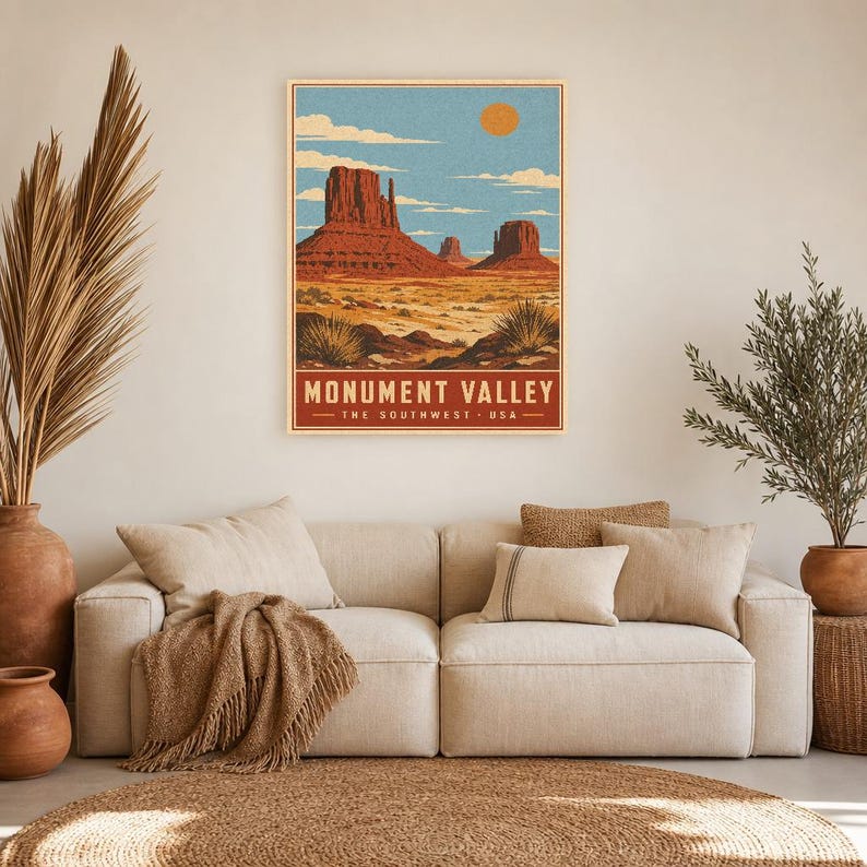 Monument Valley Reiseposter | Vintage Wüstenwandkunst | Südwesten der USA Druck | Dekor im Nationalpark-Stil | Rote Felskunst Bild 7