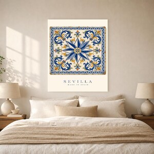 Seville Azulejo Tile Wall Art | Full Color Spanish Maiolica Poster | 8-Pointed Star Print | Andalusia Travel Decor | Spain Kitchen Gift image 6