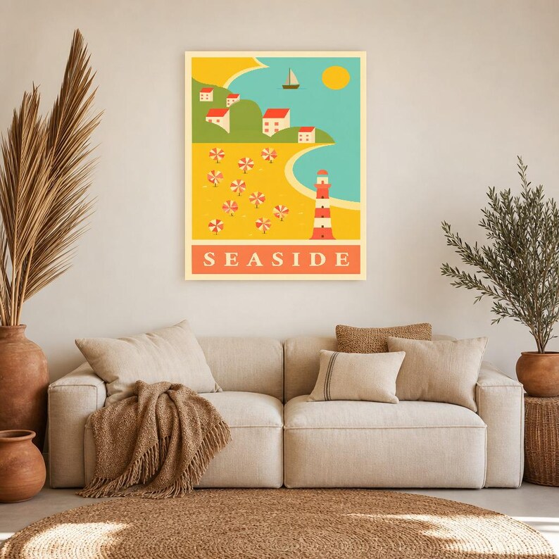 Zestaw grafik ściennych „Saffron Coastal Travel” | Plakat retro z plażą | Wydruk w galerii Seaside zdjęcie 7