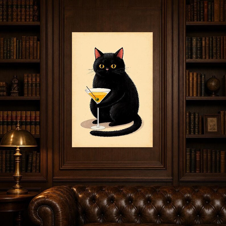 Black Cat Cocktail Wall Art | Funny Martini Bar Cart Poster | Retro Kitchen Bar Print image 4