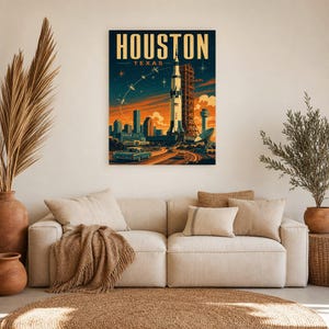 Houston Travel Poster | Vintage Space City Rocket Print | Texas Wall Art Print | Mid Century City Decor image 6
