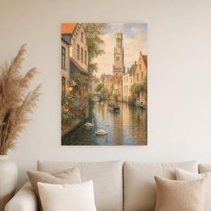 Bruges Travel Poster | Soft Painting Belgium Wall Art | Medieval Canal Cityscape Print | Printed & Shipped image 4