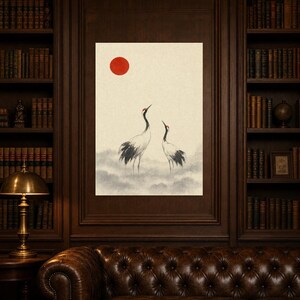 Red Sun Crane Japandi Wall Art Print | Ink Wash Pair in Mist | Wabi Sabi Hallway Poster Print image 5
