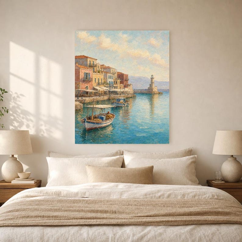 Crete Travel Poster | Soft Painting Greece Wall Art | Chania Old Harbour Coastal Print | Printed & Shipped image 6