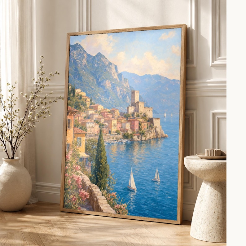 Lake Garda Travel Poster | Soft Painting Italy Wall Art | Italian Lake Malcesine Print | Printed & Shipped image 1