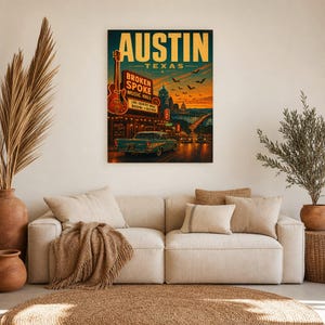 Austin-Reiseposter | Vintage-Druck der Hauptstadt der Livemusik | Texas-Wandbild | Stadtdeko aus der Mitte des 20. Jahrhunderts Bild 6